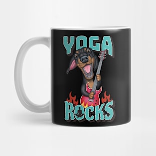 Yoga Rocks with cute doxie dog playing guitar tee Mug